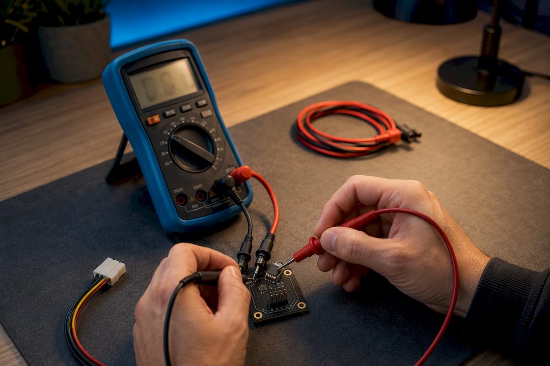 Hands testing PWM output with multimeter