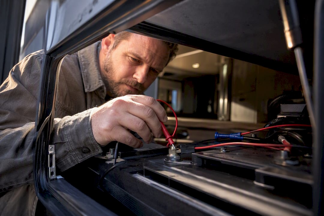 RV owner testing battery voltage