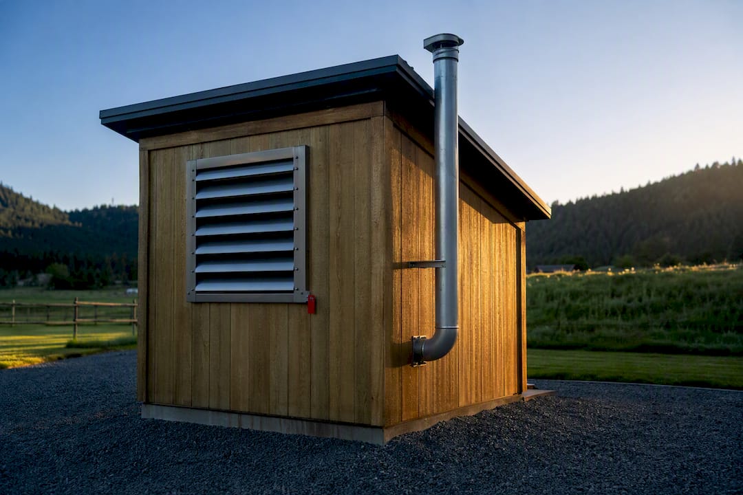 Generator shed with exterior ventilation openings