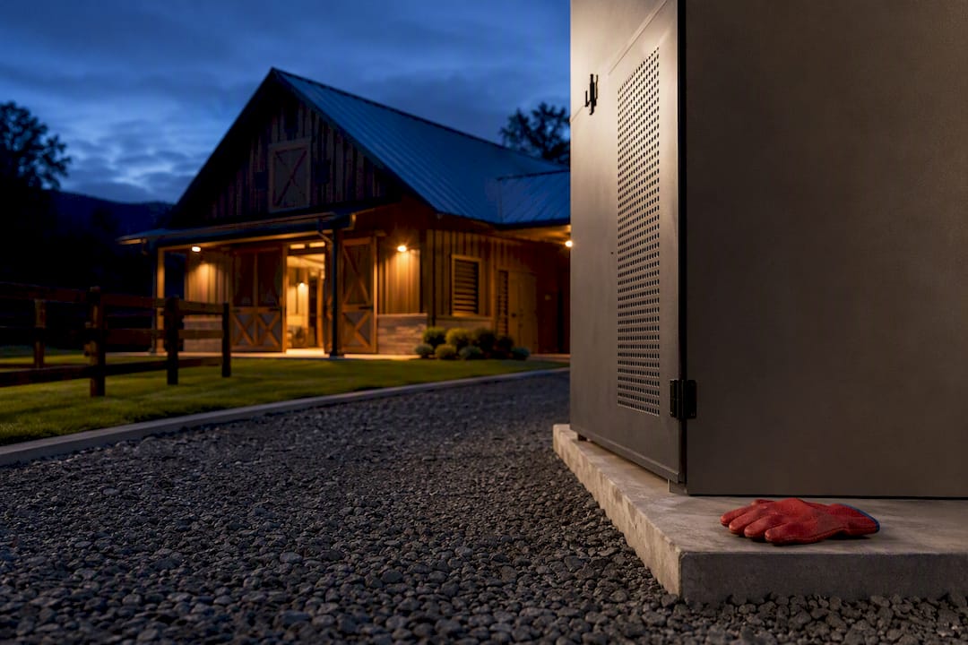 Remote battery enclosure beside horse barn