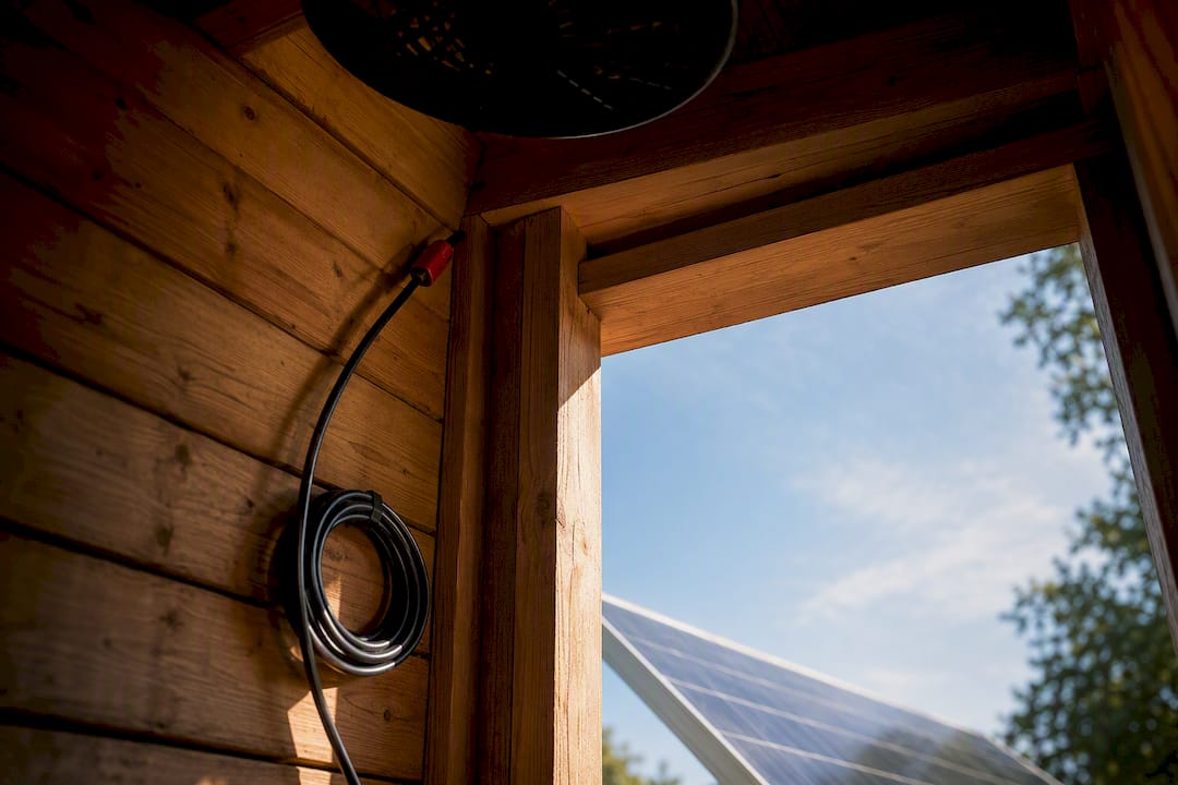 Small shed with solar fan in sunlight