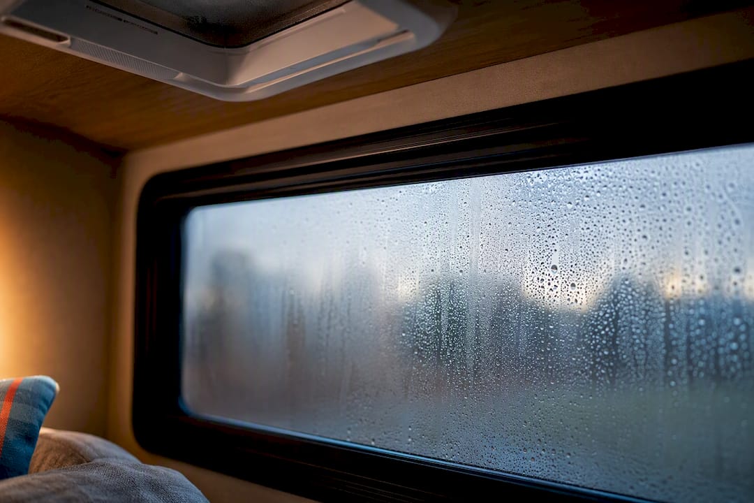 Condensation beads on an RV window