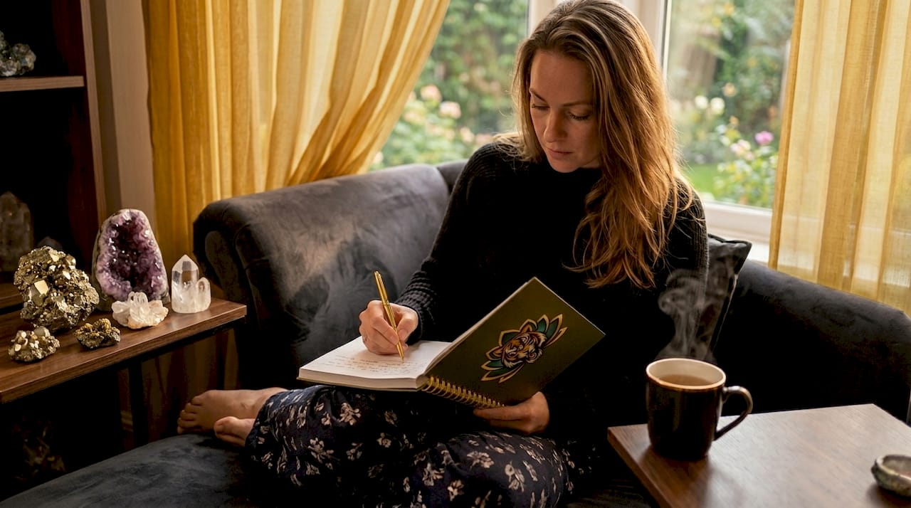 Woman journaling at kitchen table morning light