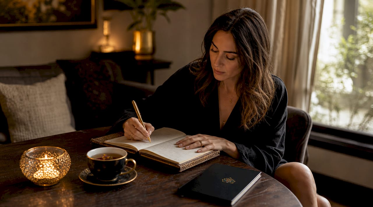 Woman journaling mindfully at home desk