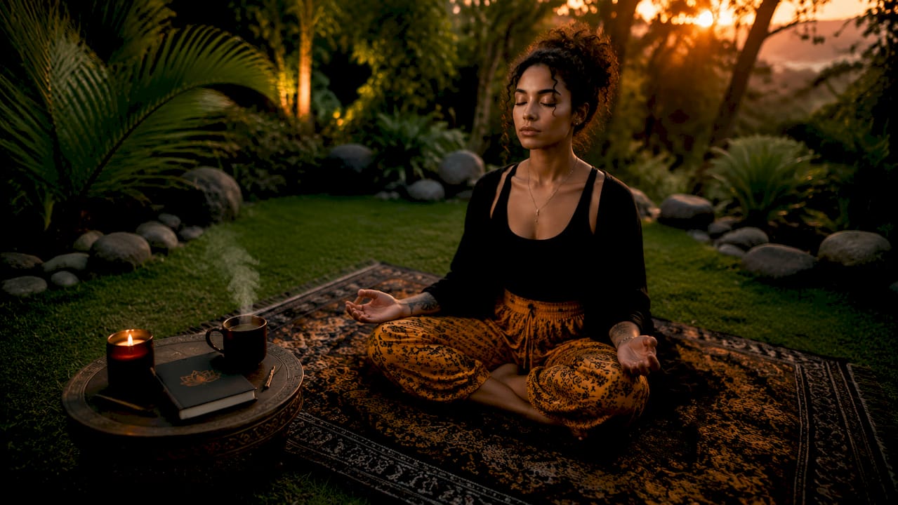 Woman meditating peacefully indoors