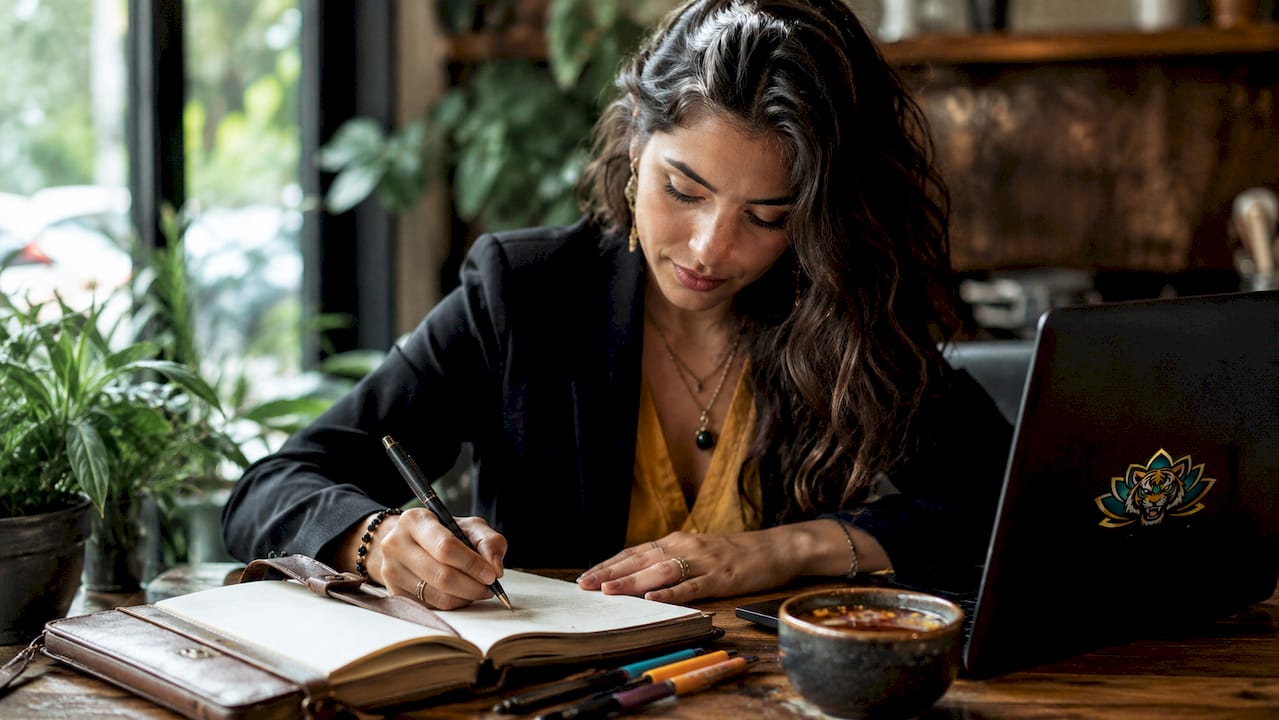 Woman writing personal growth checklist