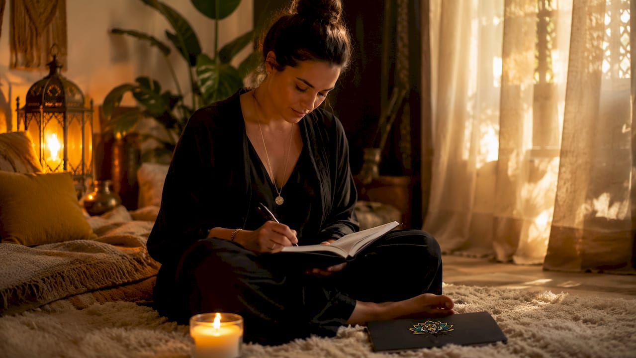 Woman journaling at desk in morning light