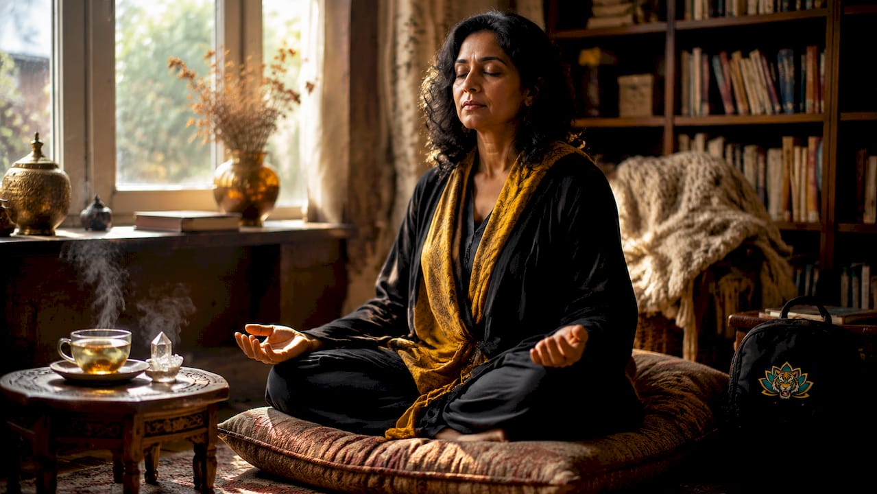Woman practicing grounding meditation indoors