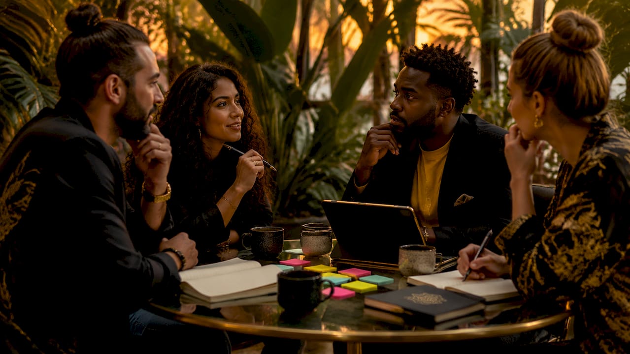 Diverse team collaborating and listening in office