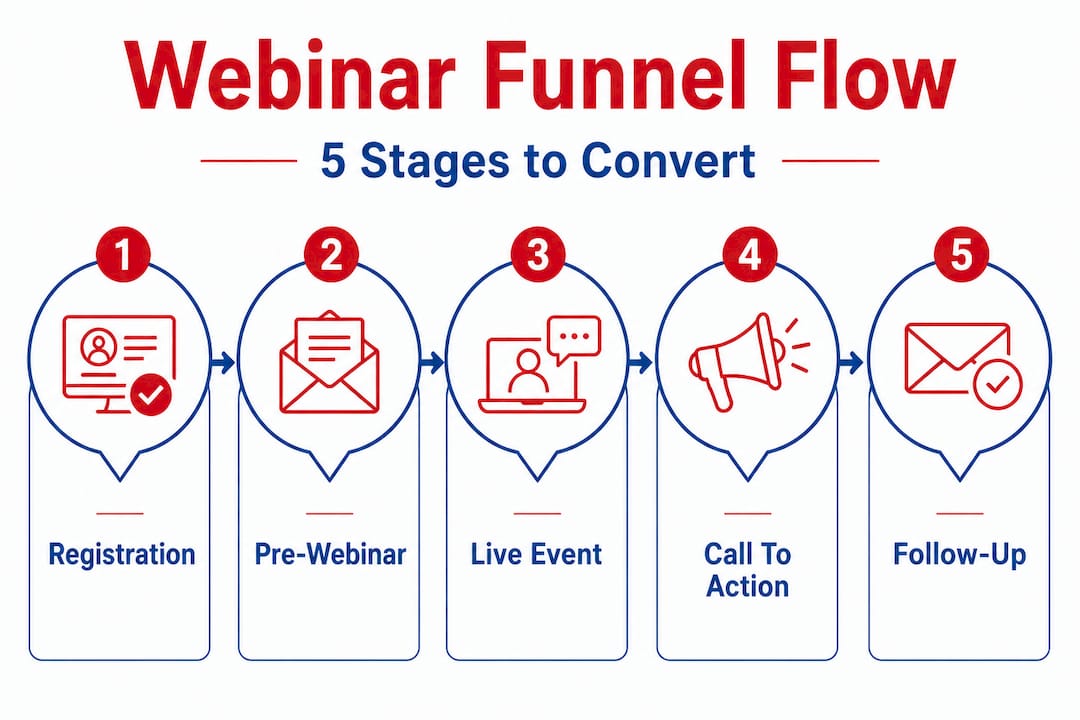 Infographic showing five webinar funnel stages