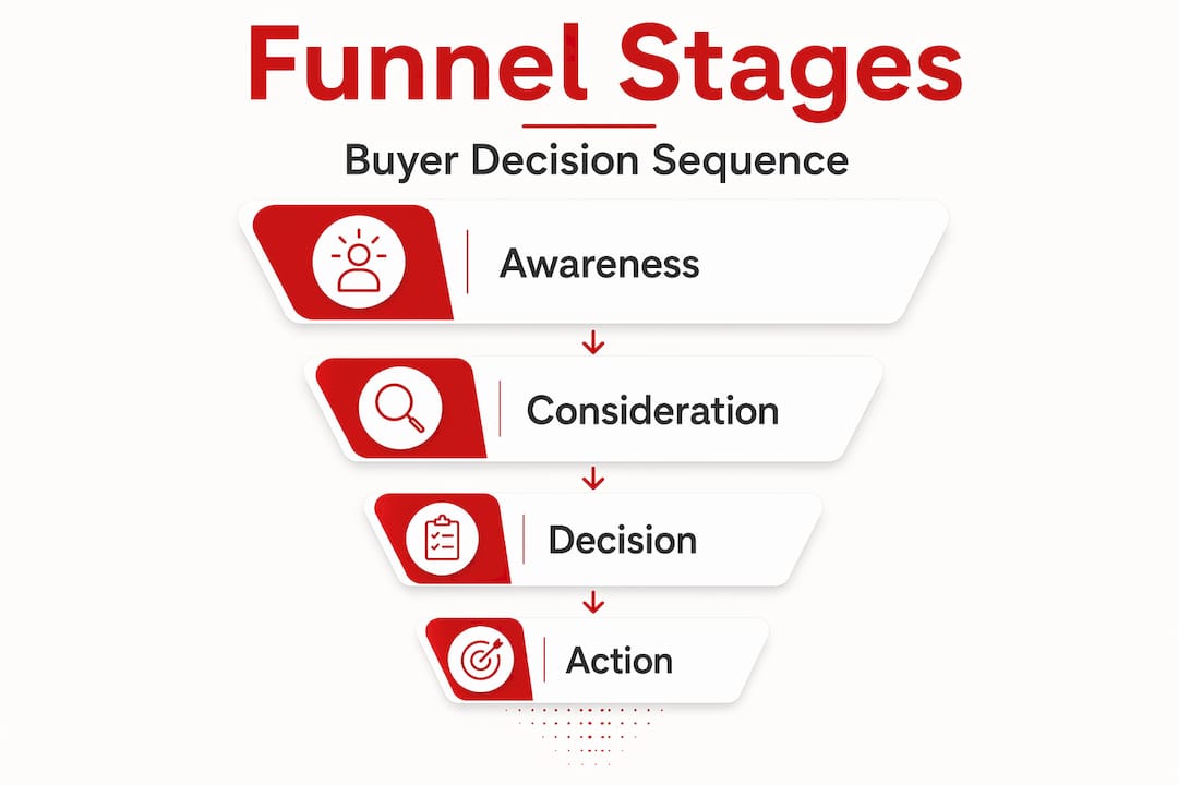 Vertical infographic showing funnel psychology stages