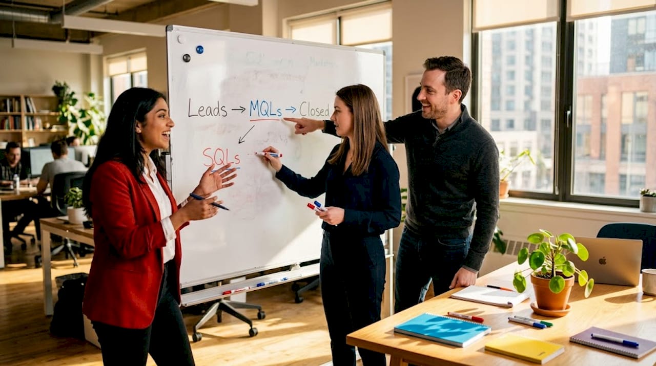 Team mapping marketing funnel stages at whiteboard