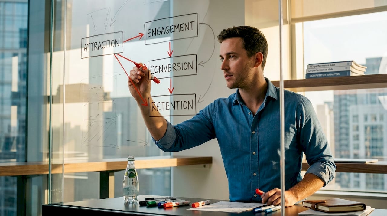 Entrepreneur mapping funnel stages on whiteboard