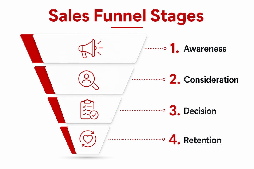 Infographic outlining sales funnel stages in vertical flow