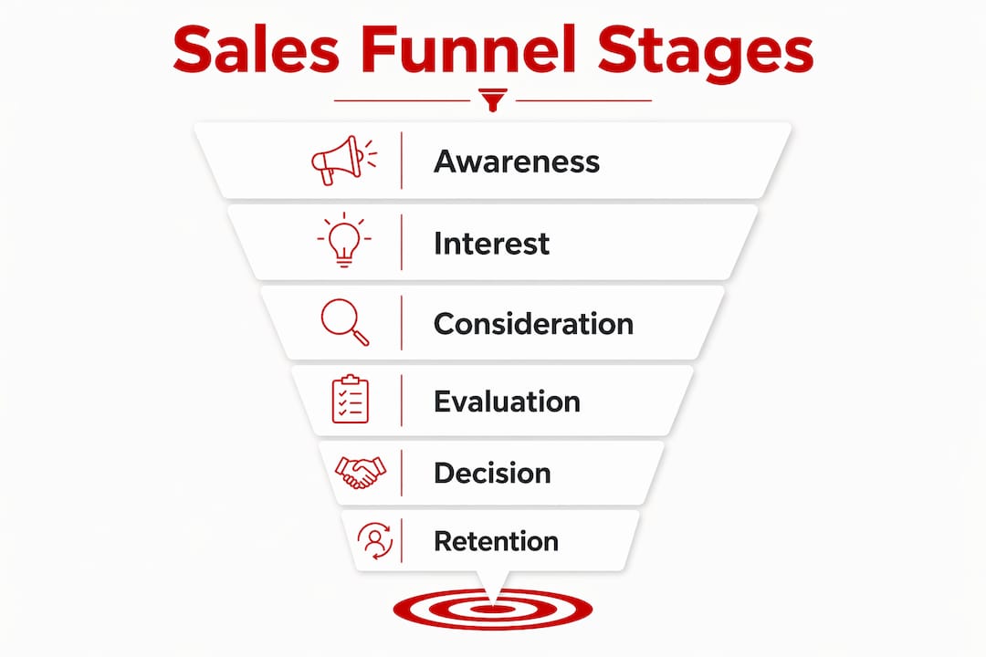 Infographic illustrating six sales funnel stages