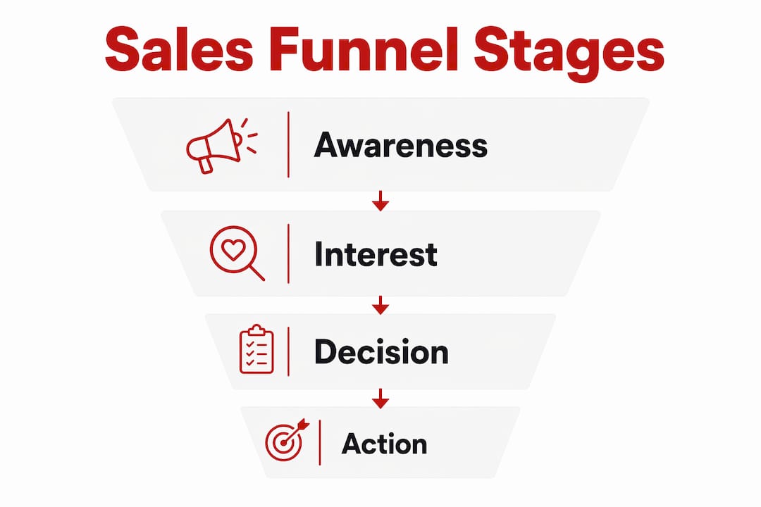 Infographic illustrating core sales funnel stages