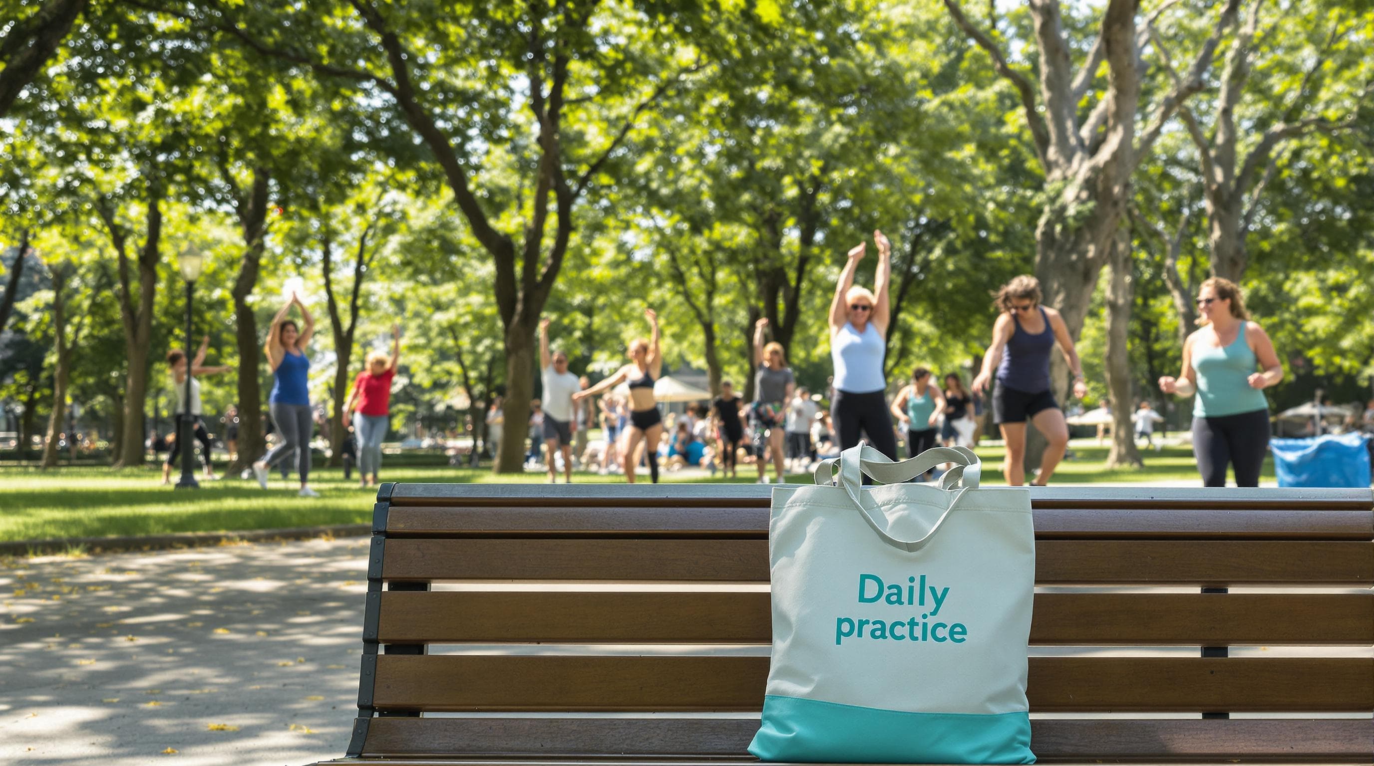 Group doing light exercise in park with 'Daily Practice' on tote bag