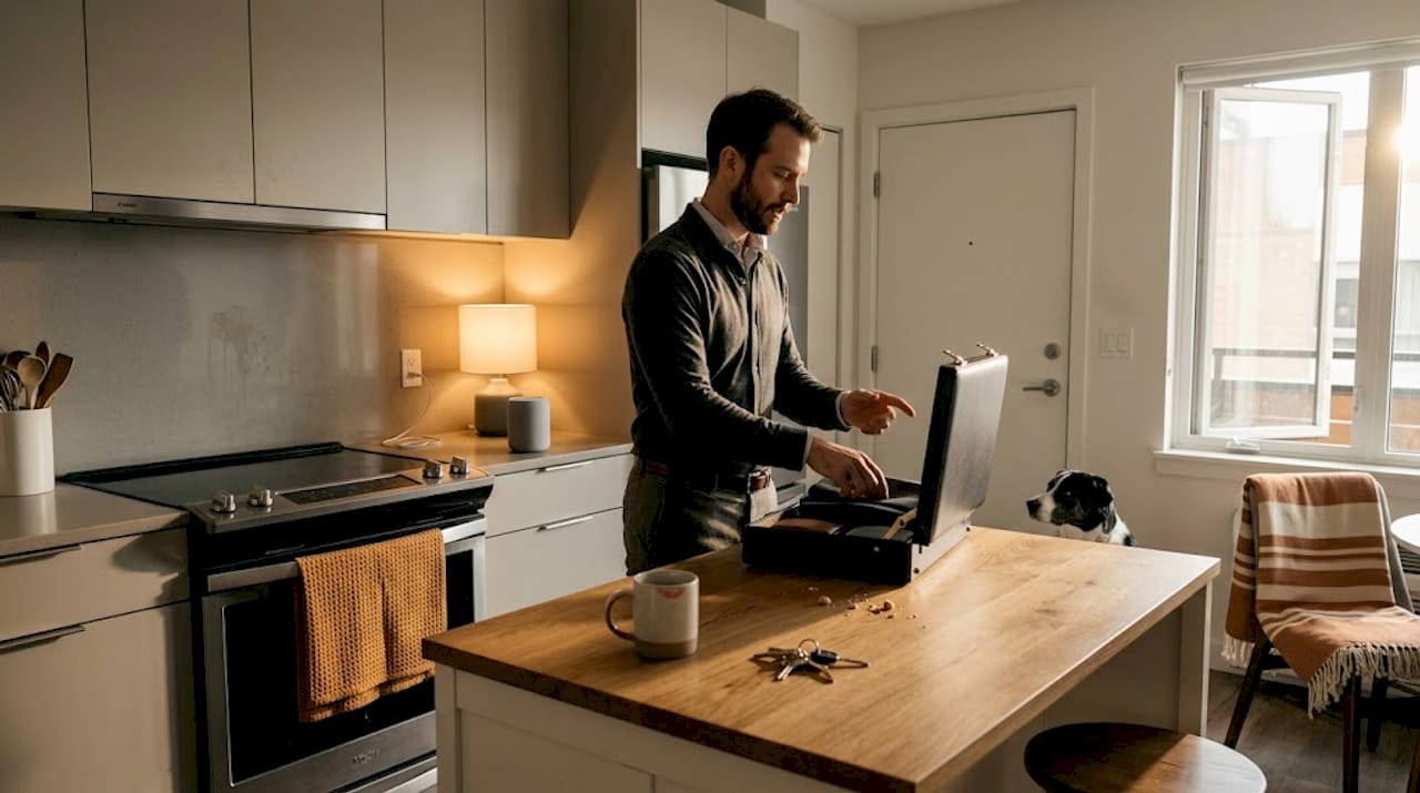 Person uses voice assistant in kitchen routine
