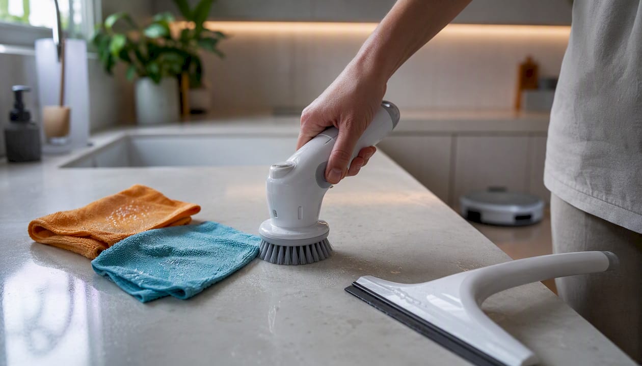 Close-up of cleaning tools on kitchen counter
