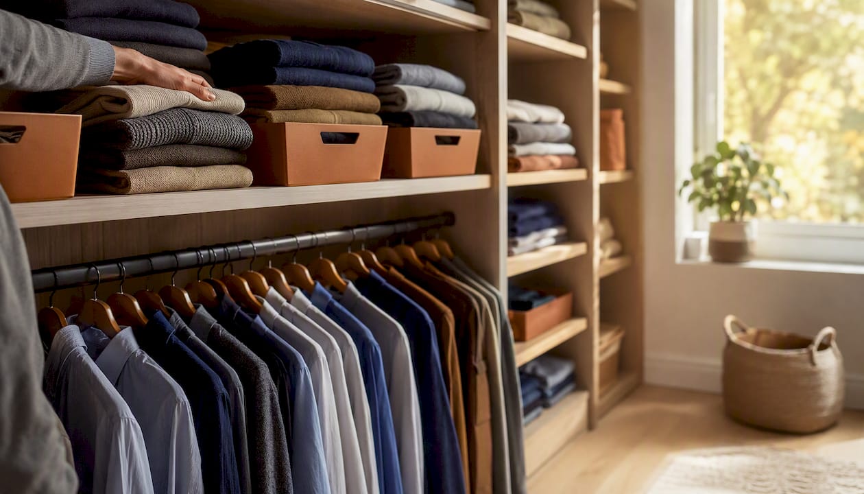 Organized bedroom closet with grouped clothes