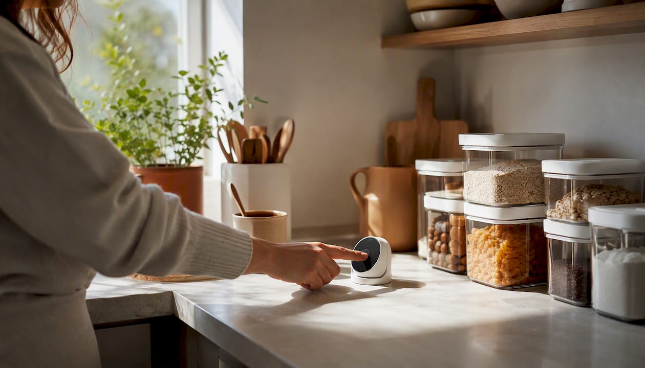 Modern kitchen counters with smart gadgets in use