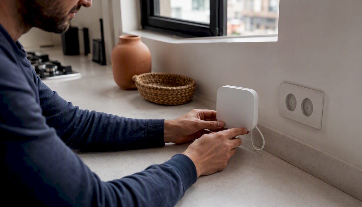Hands placing smart sensor on wall