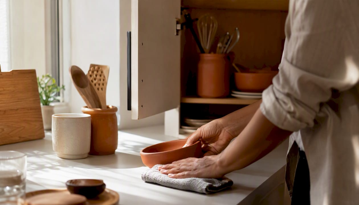 Hands sorting clutter on kitchen counter and cabinet