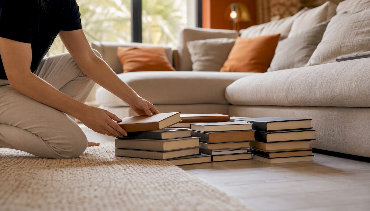 Hands sorting books from floor pile