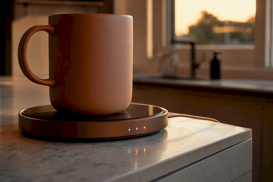 Close-up of minimal mug warmer with temperature lights