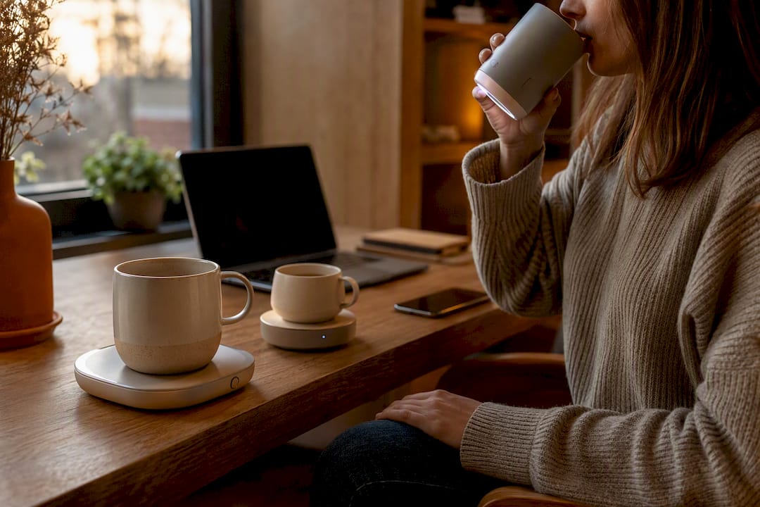 Various types of mug warmers on desks