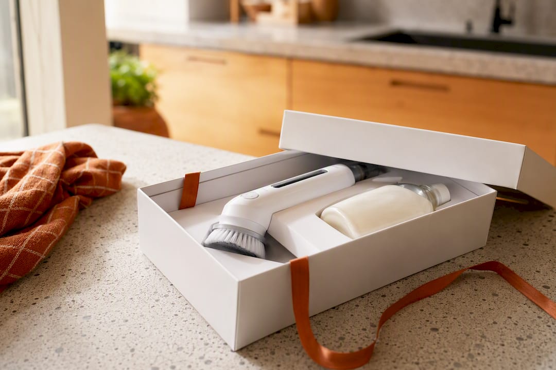Open gift box with spin scrubber and cleaning solution