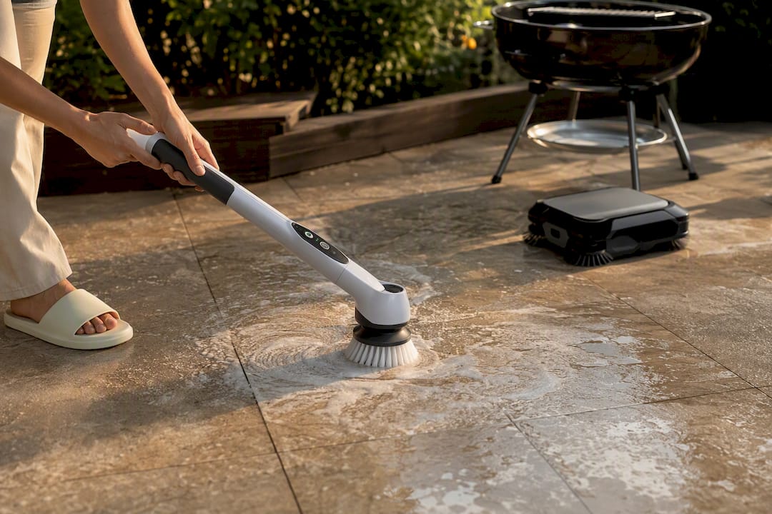 Hands using spin scrubber near automated grill cleaning robot