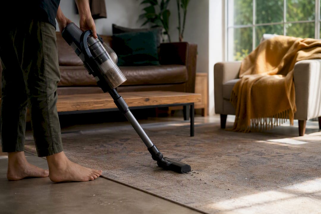 Hands using stick vacuum on stair carpet