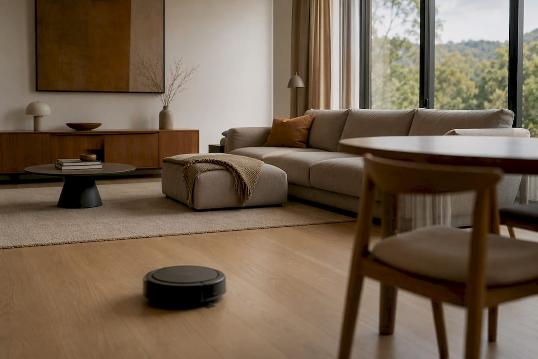 Robot vacuum navigating floor edges in home corridor