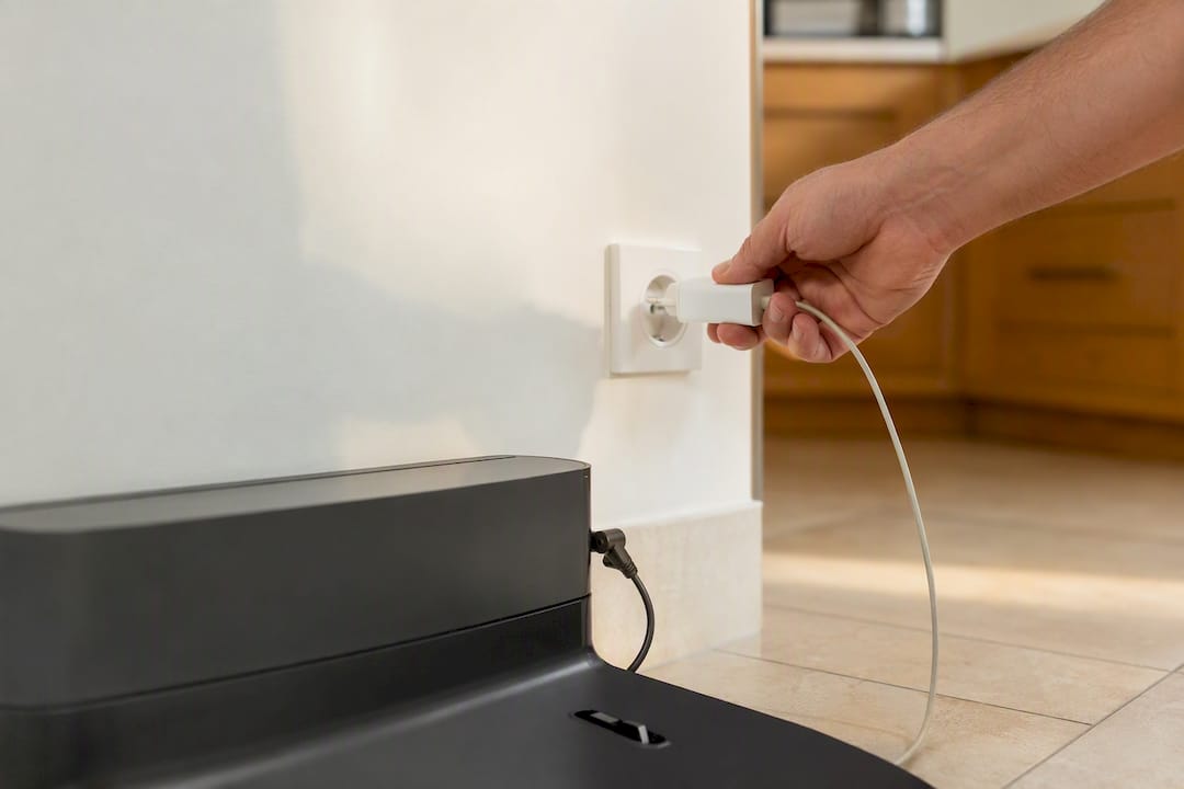 Hand plugging test device into wall outlet near charging dock