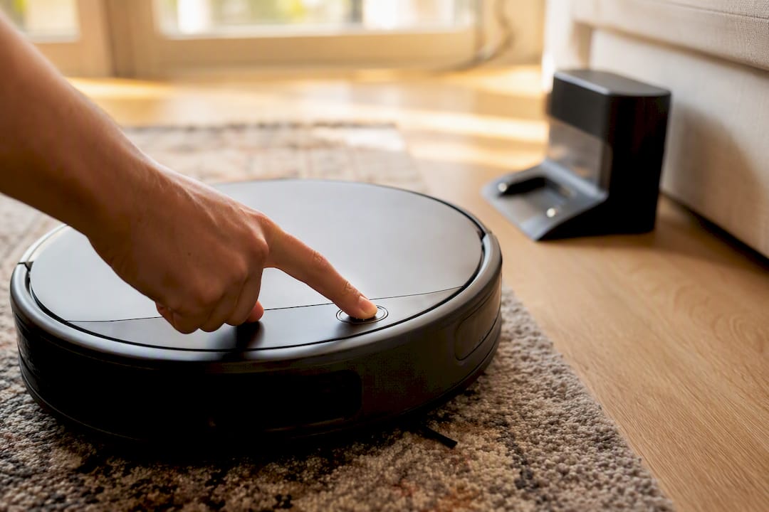 Hand pressing power button on robot vacuum