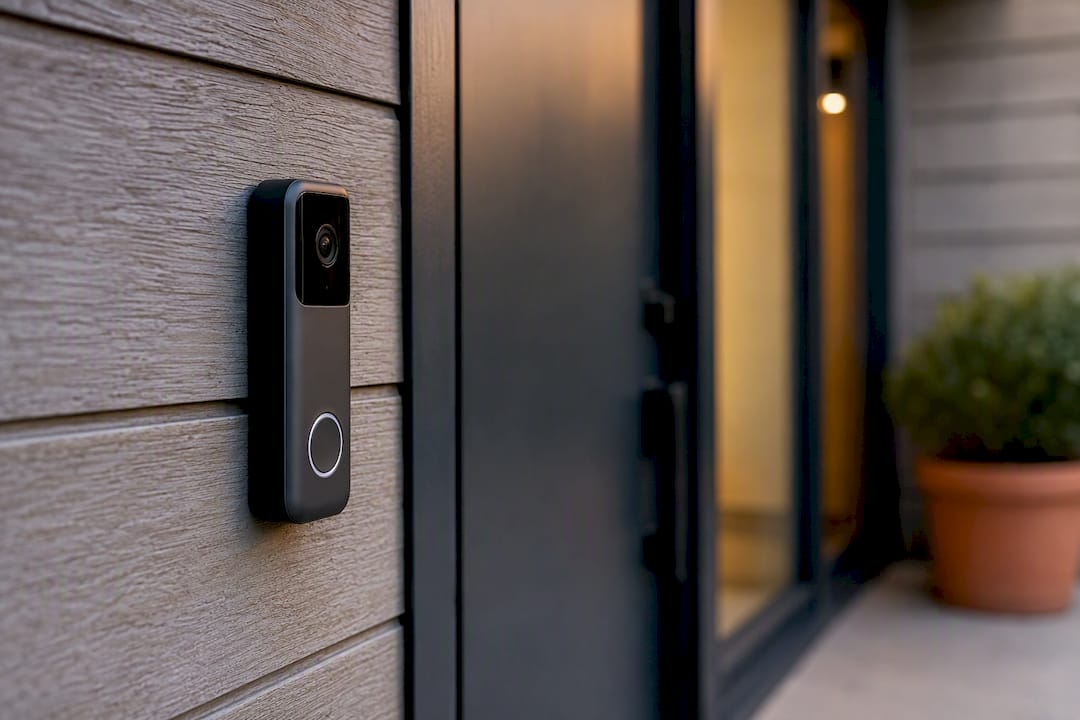 Modern smart doorbell camera on home wall