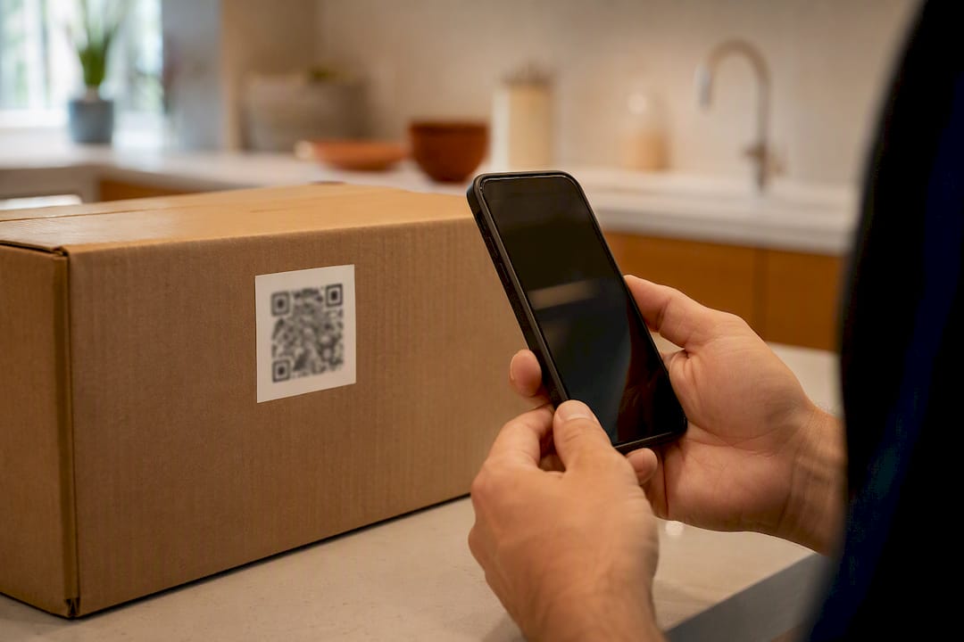 Hands scanning QR code with smartphone