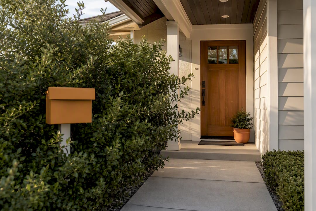 Shrub and mailbox obstructing entry sightline