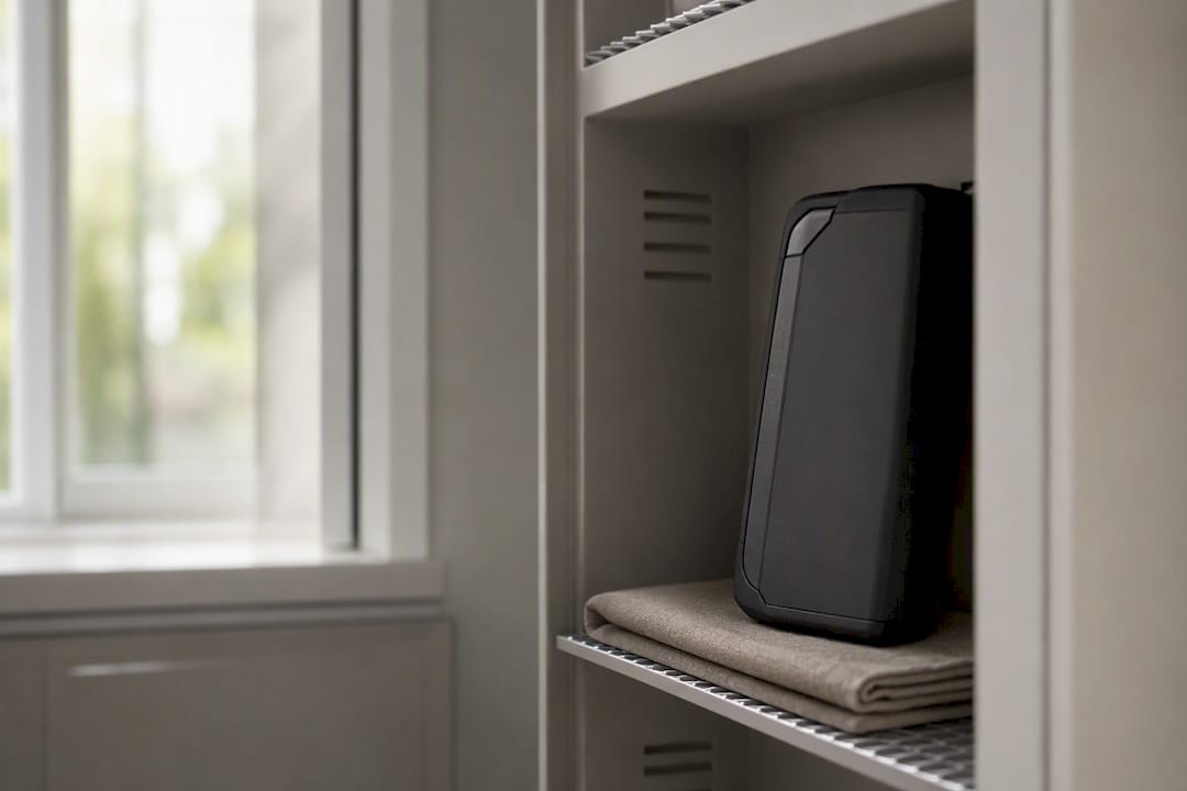 Jump starter stored safely in utility cabinet