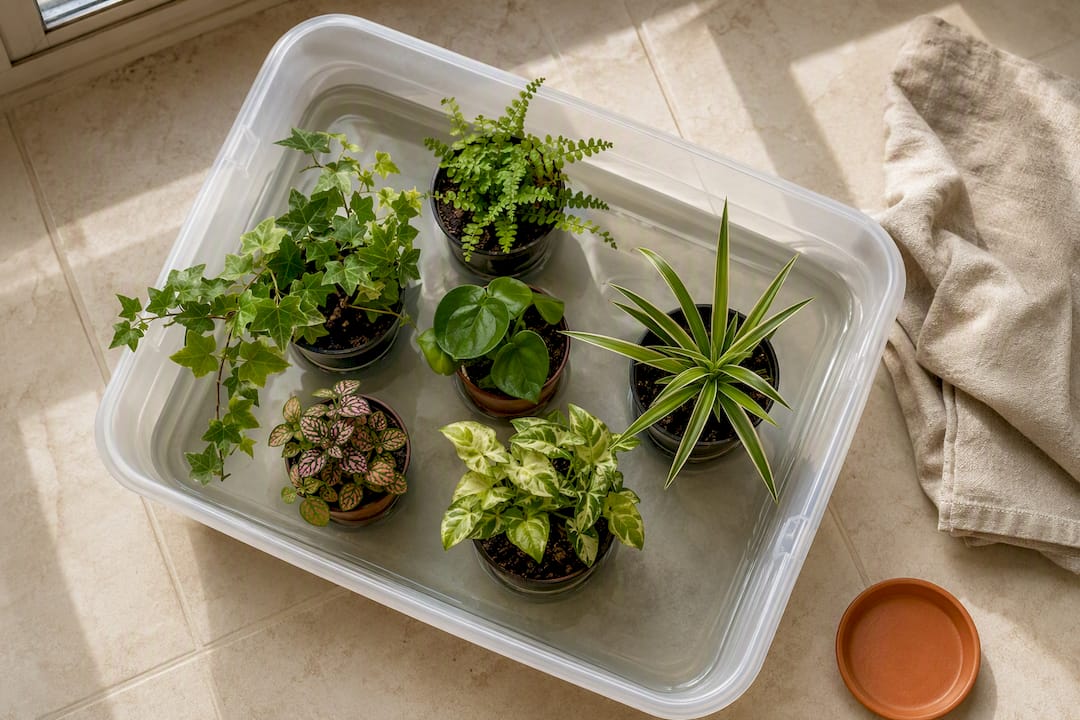 Potted houseplants soaking in shallow water