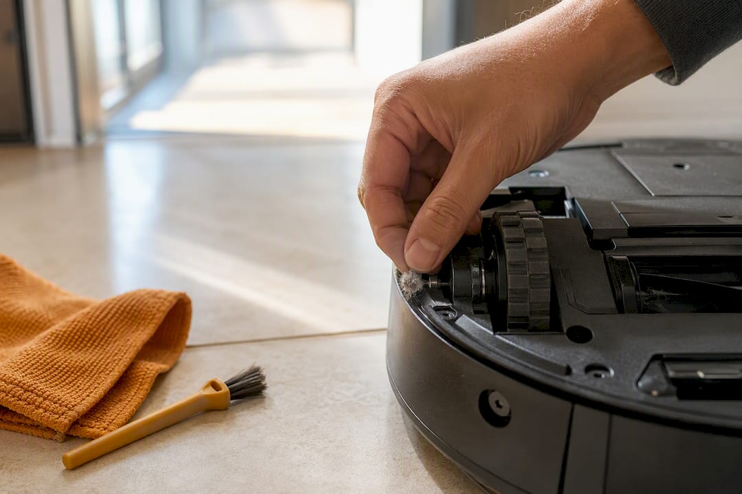 Hand clearing debris from vacuum wheel