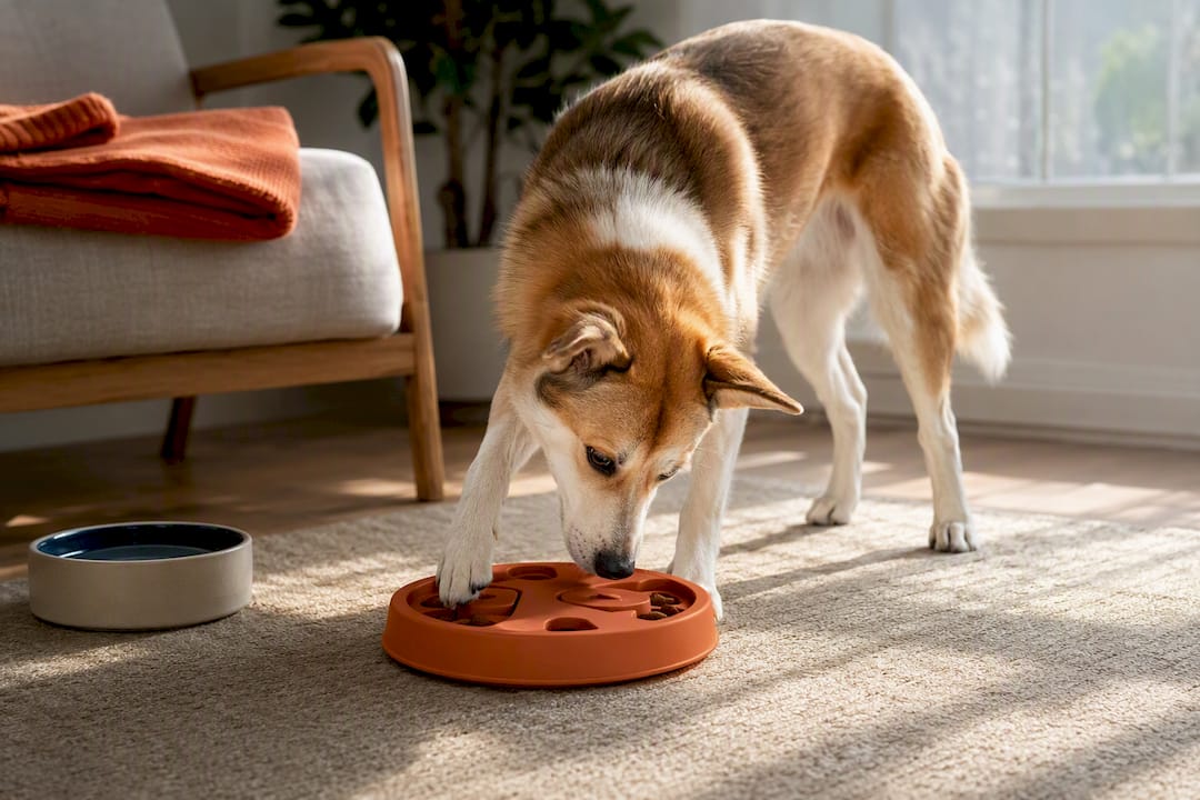 Dog engaging with food puzzle toy
