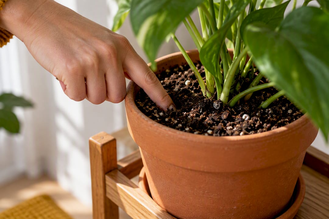 Finger checking moisture beneath plant soil