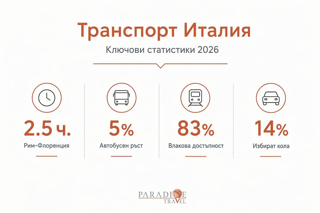 Инфографика с ключови данни за транспорта в Италия през 2026 година
