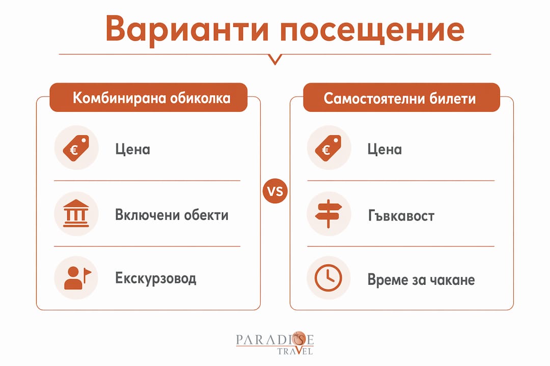 Вижте инфографика, която показва различните начини за пътуване и разглеждане на Рим – сравнение на най-популярните варианти за посещение.