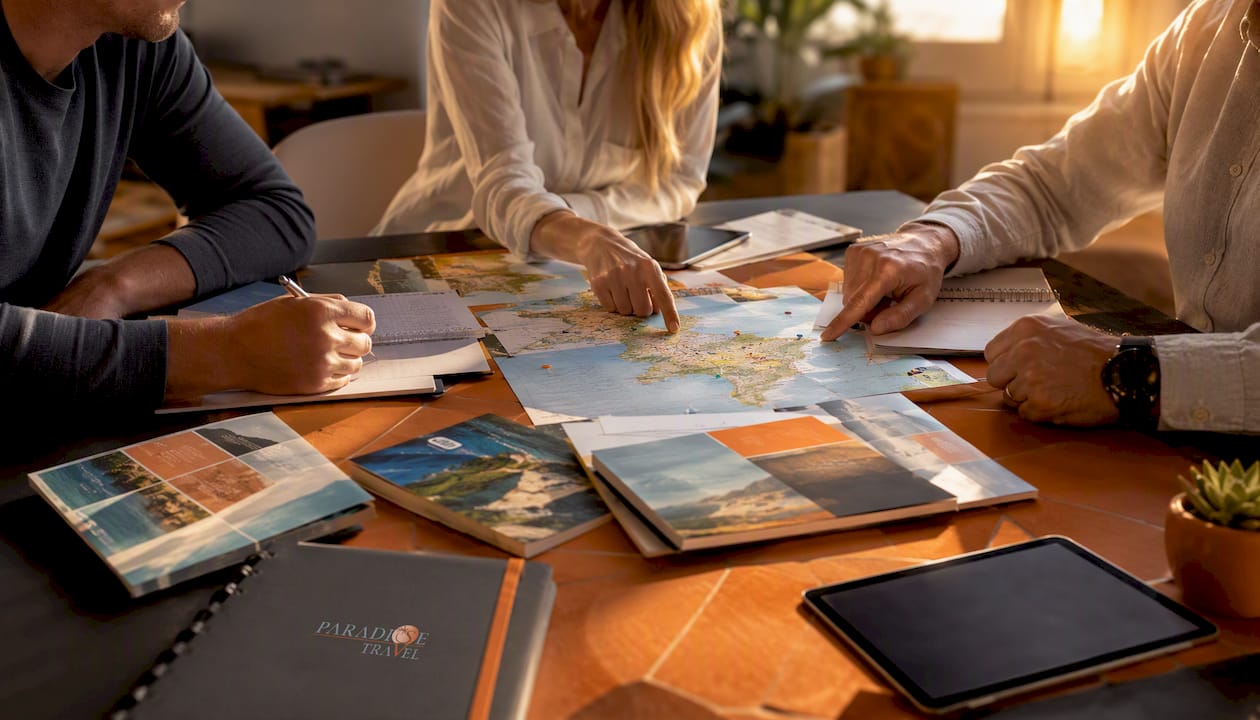 Ръце, които заедно подреждат детайлите на едно общо пътуване