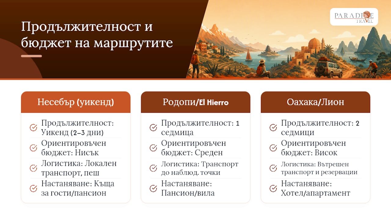 Сравнителна диаграма на различни видове специализирани пътувания според продължителност и бюджет