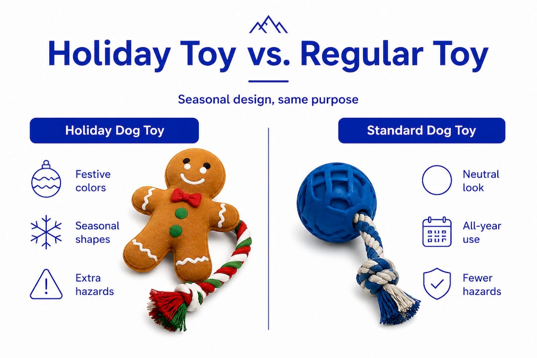 Infographic comparing holiday dog toys with regular toys