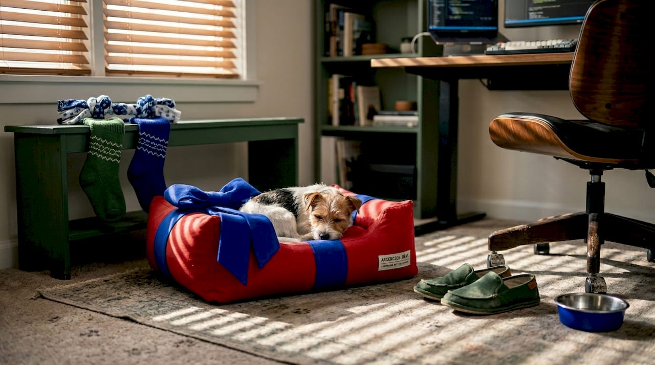 Dog on holiday bed surrounded by festive decor